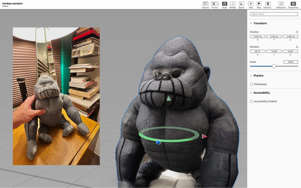 The process of capturing a real world object and making a digital object using Object Capture is illustrated with a toy gorilla