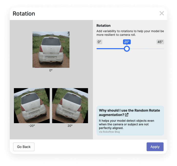 We're adding an augmentation that rotates by plus 20 and minus 20 degree values, the original image of the car is on top, below we see two images of the same car, skewed in the appropriate direction.