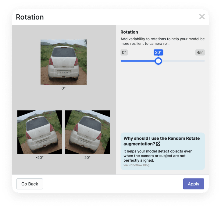 We're adding an augmentation that rotates by plus 20 and minus 20 degree values, the original image of the car is on top, below we see two images of the same car, skewed in the appropriate direction.
