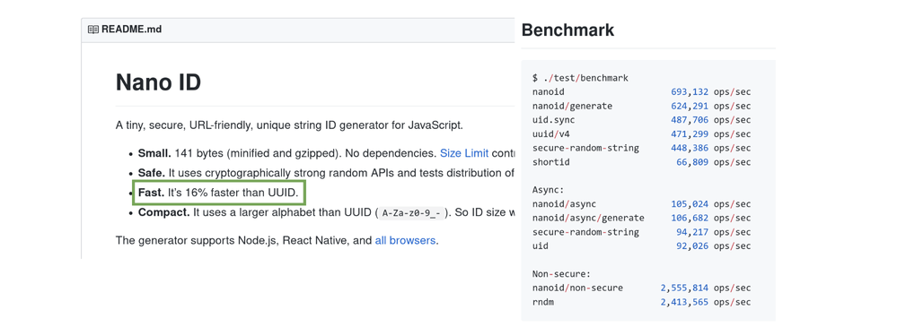 Another view of the Nano ID README, and another list item highlighted with a green box. In this case, the subject is a speed benchmark, 16 percent faster than UUID