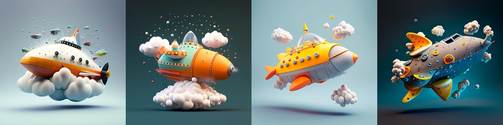 Four Midjourney illustrations showing a spaceship flying through the clouds.