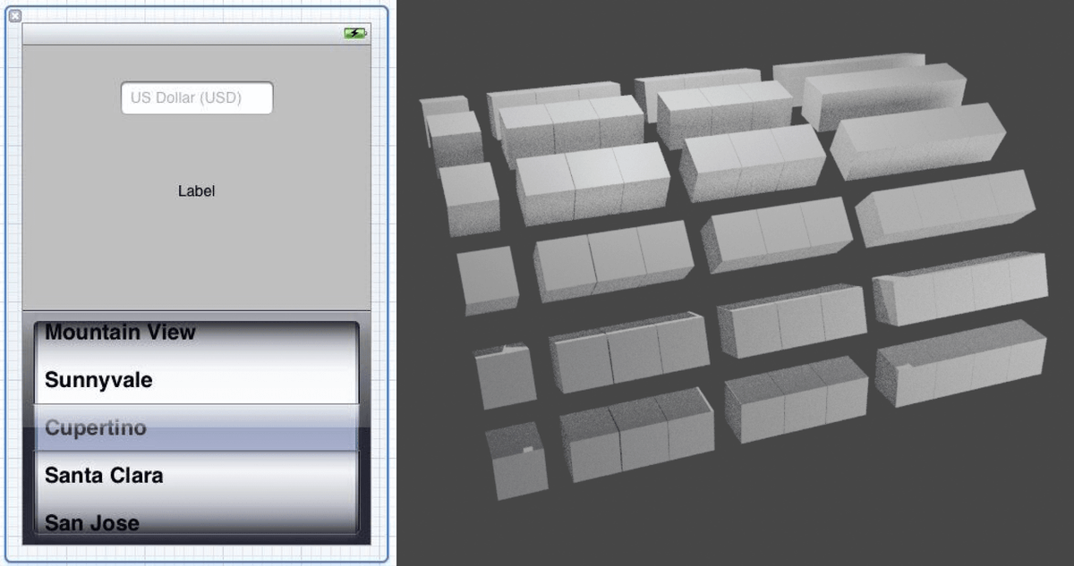 The old iPhone picker input on the left, and the first attempt at visually rending it in Blender 3D on the right.