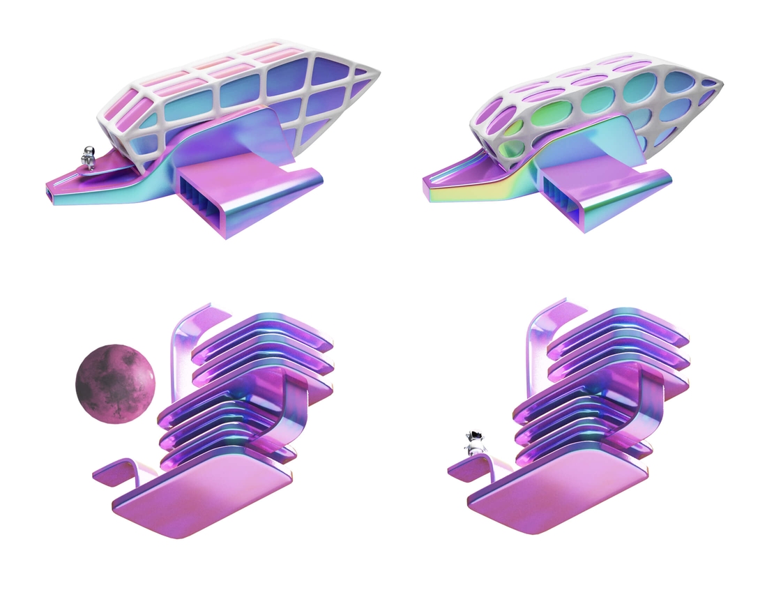 4 renders of different spaceships in iridescent colours in clean 3d style
