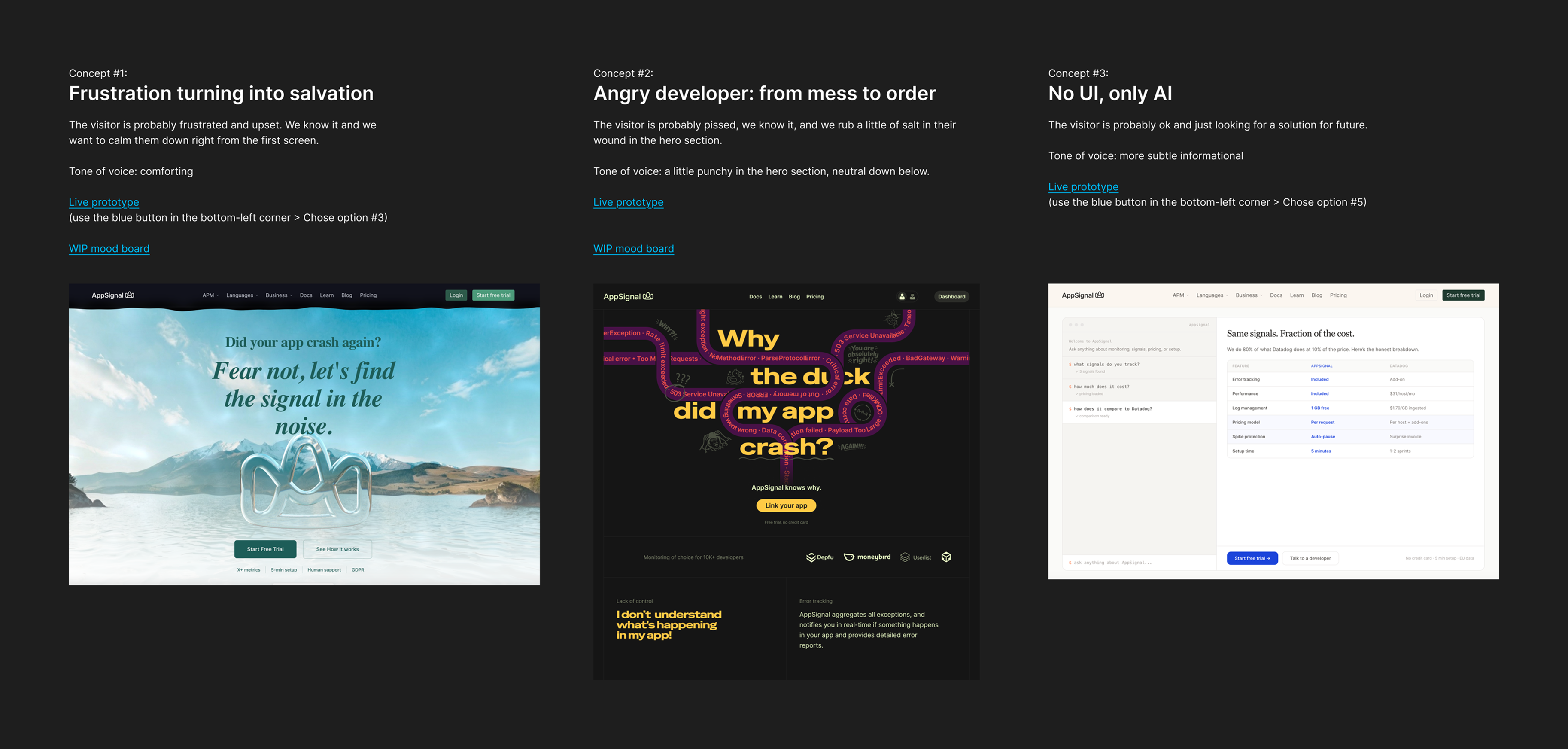Three AppSignal homepage concepts shown side by side as design explorations