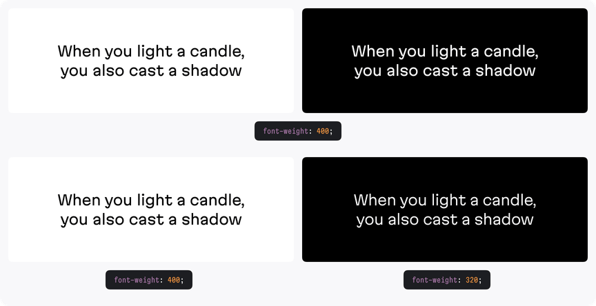 A comparison of how a dark background can affect font perception, and how font weight can compensate. The top image has a dark and light theme with the same font weight, the bottom image has the dark and light theme with different font weights