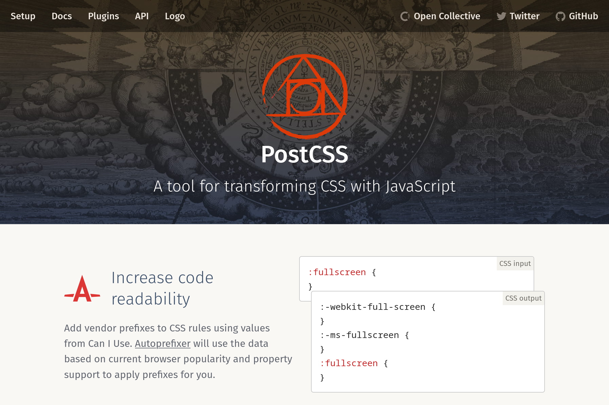 PostCSS website with background with alchemy style