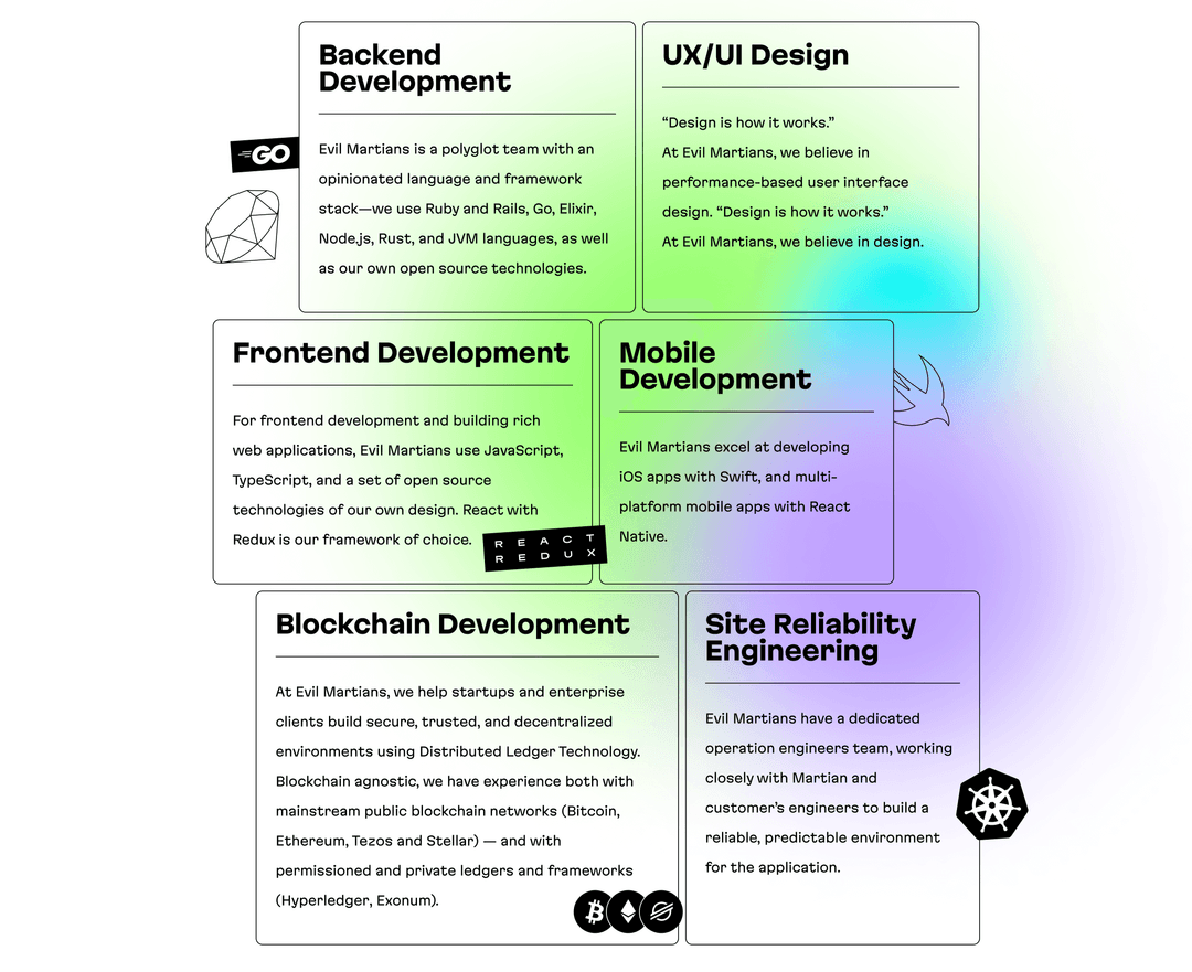 A part of the Services page with “organic” skeleton and "audacious" graphics