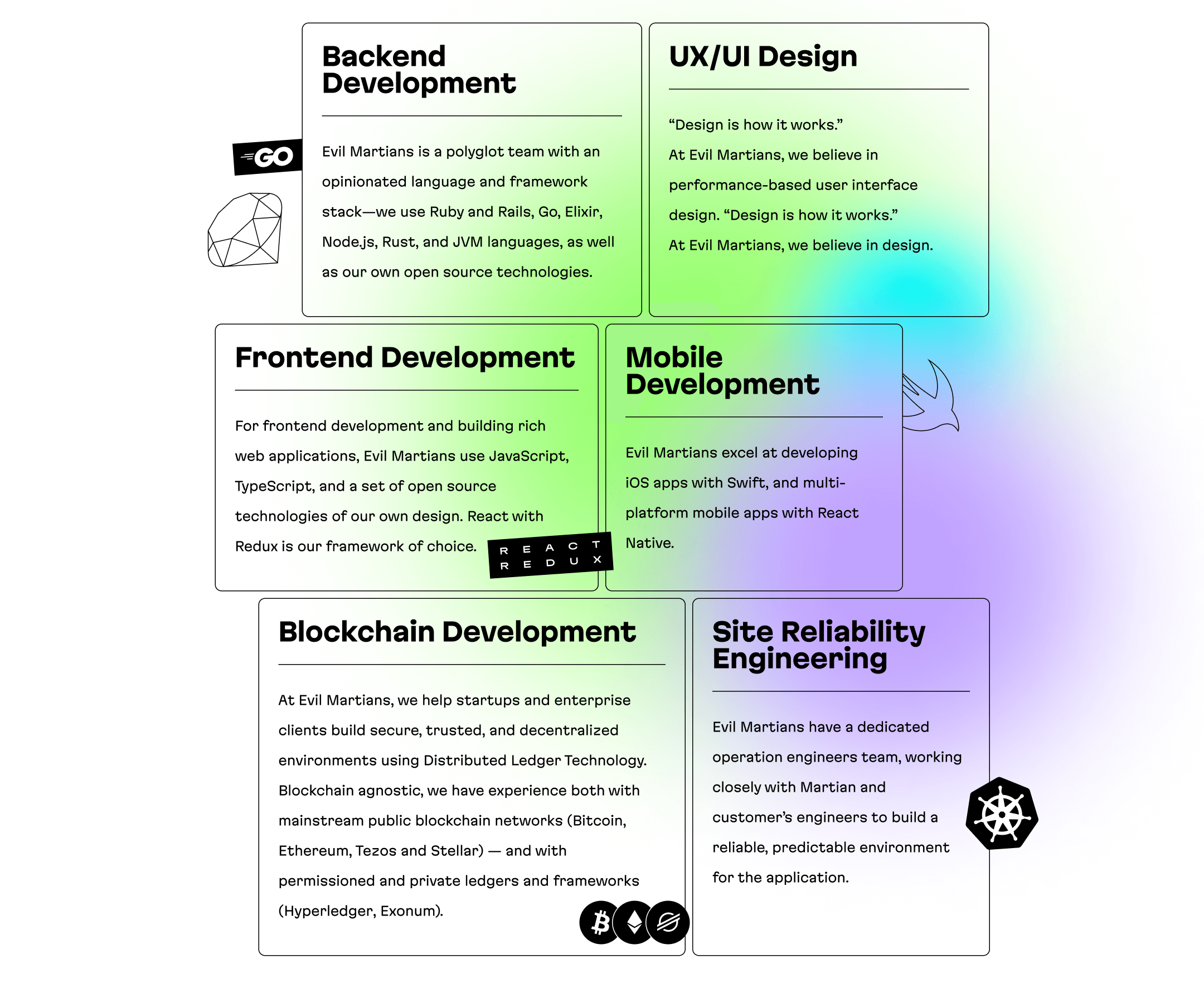 A part of the Services page with “organic” skeleton and "audacious" graphics