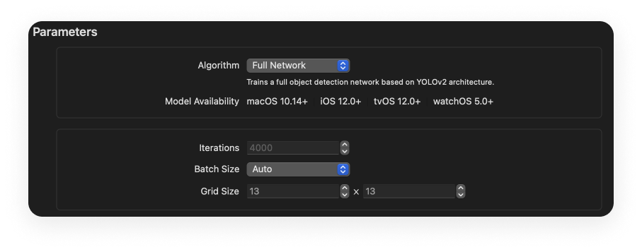 Some of the training parameters we can account for include Iterations, Batch Size, and Grid Size