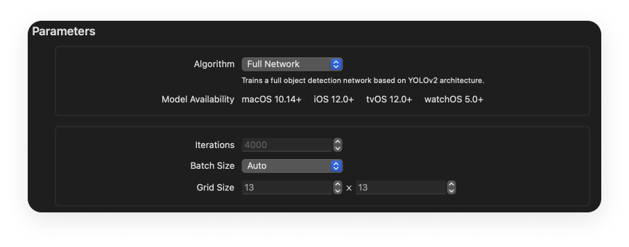 Some of the training parameters we can account for include Iterations, Batch Size, and Grid Size