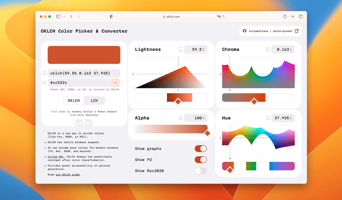 An in-browser screenshot of the OKLCH Color Picker & Converter UI