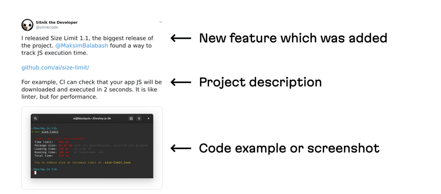 A good post broken down. The new feature, project description, and a code example or screenshot. These are the essential ingredients, in that order.