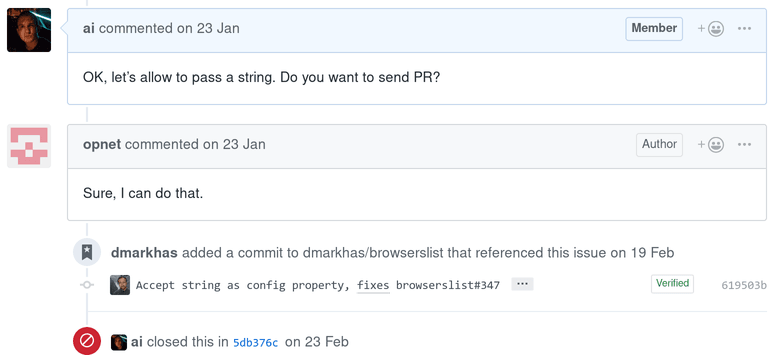An issue example when Sitnik asks the user to send a PR
