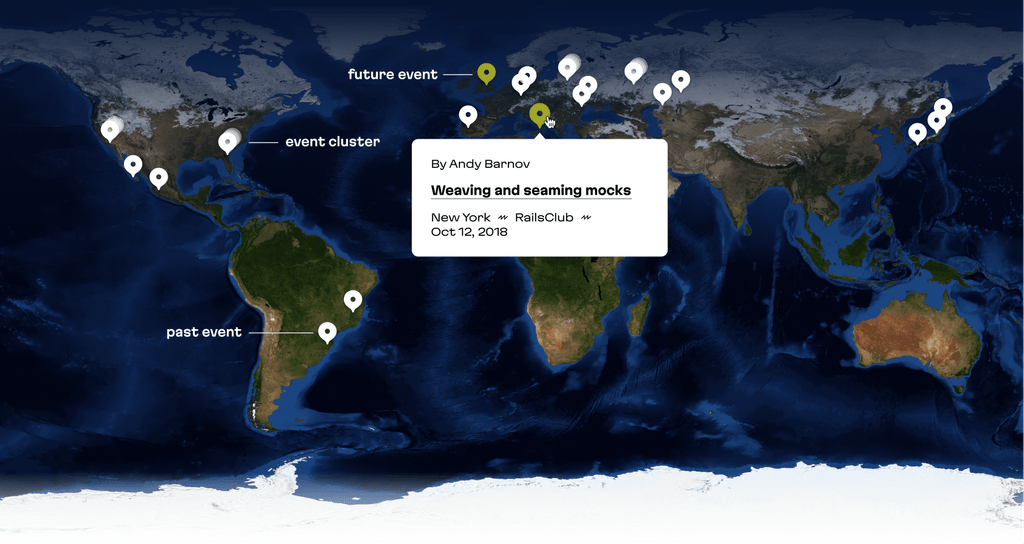Our custom map, with markers of past and future events, event clusters, and tooltips with brief information. One event is being highlighted