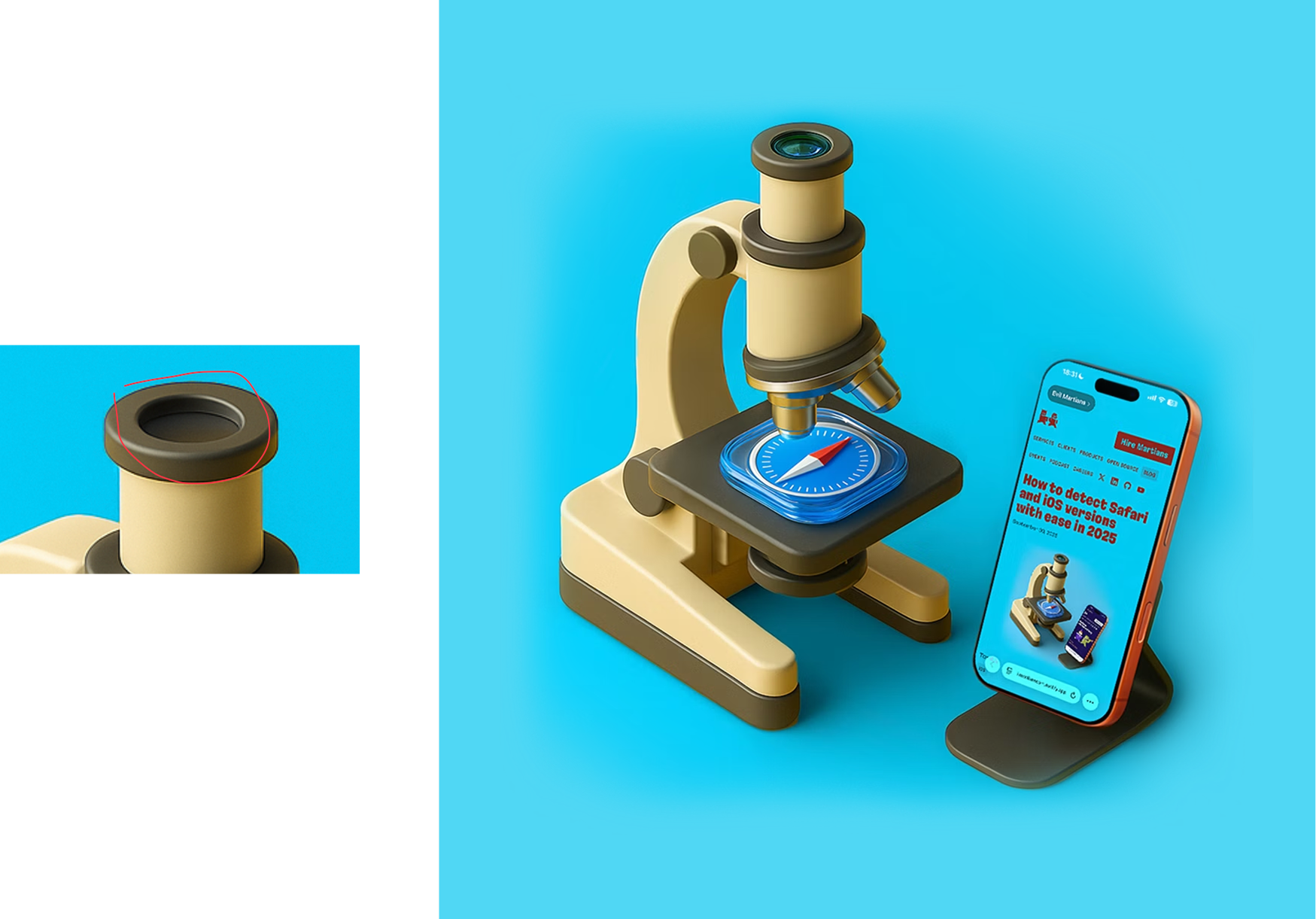 Left: a close-up of the AI-generated microscope eyepiece artifact. Right: the finished 3D illustration of a gold microscope beside a phone, after a human fixed it.