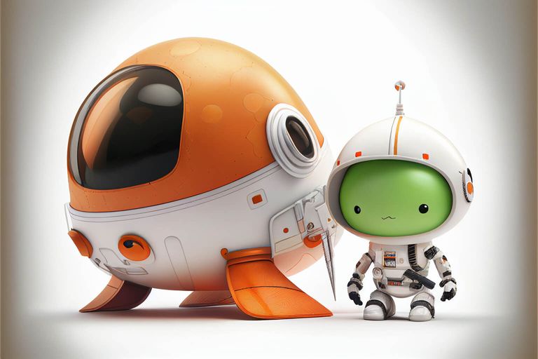 4 sketches of a spaceship and a tiny astronaut in solid 3d style