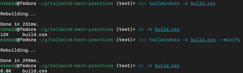 There's a notable size difference after minifying CSS and enabling JIT mode, in our case, 8KB compared to 12KB