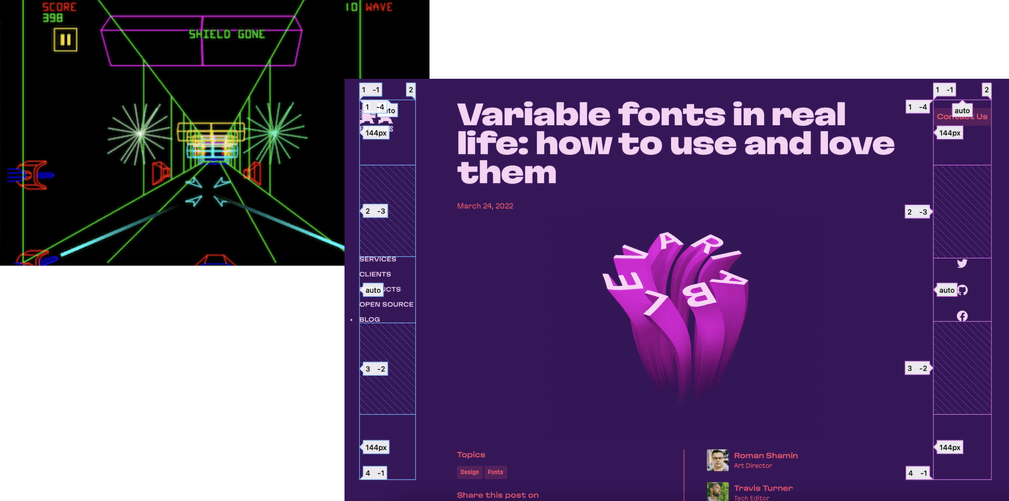 Screenshots of Space Wars Original game and Evil Martians website navigation built with central composition in mind
