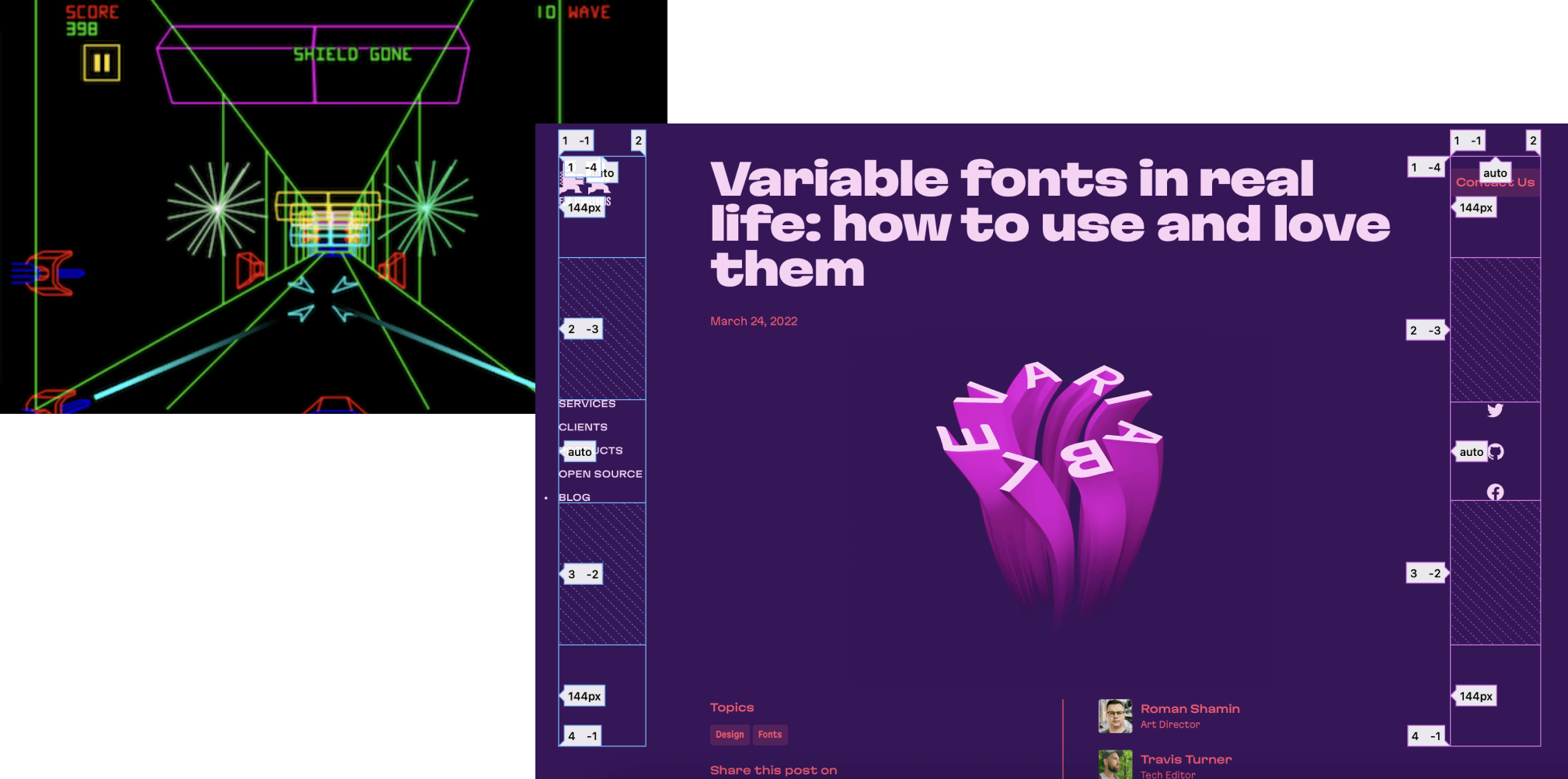 Screenshots of Space Wars Original game and Evil Martians website navigation built with central composition in mind