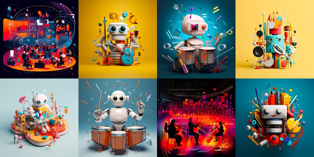 Eight Midjourney variants representing the concept of a robot conducting an orchestra of some sort.