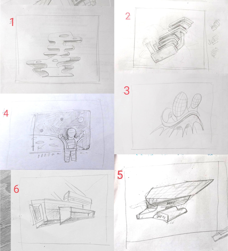 Pencil drawings of different spaceships in different angles