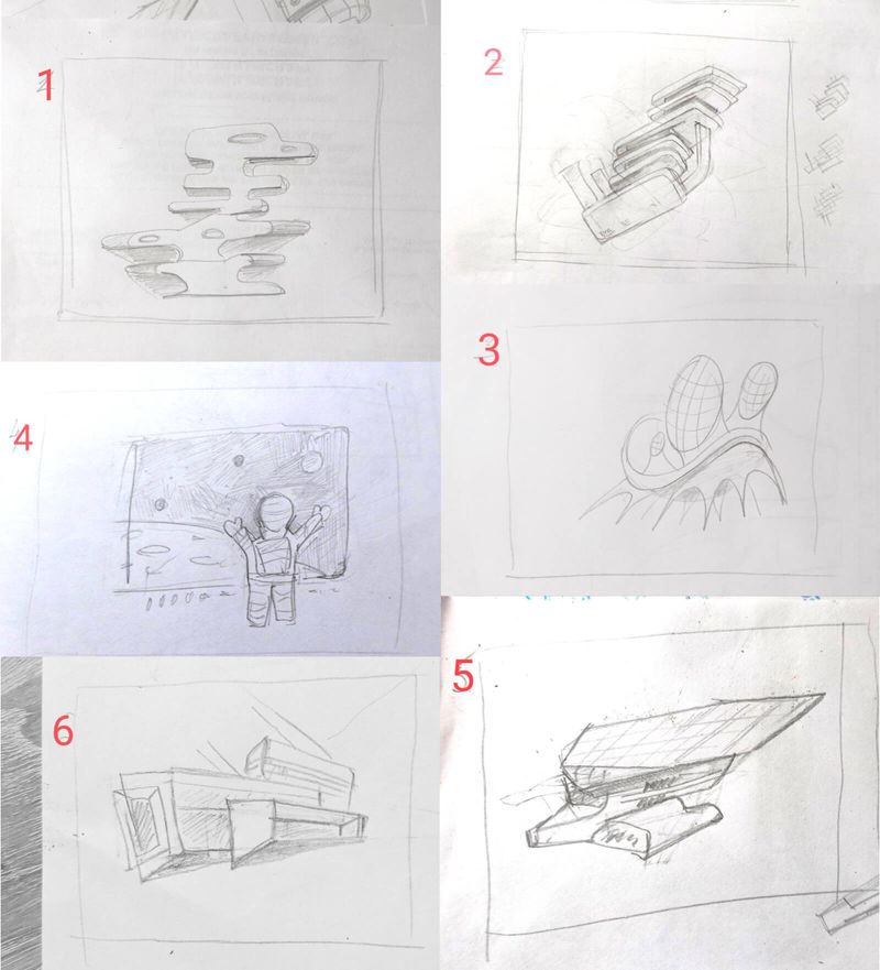 Pencil drawings of different spaceships in different angles