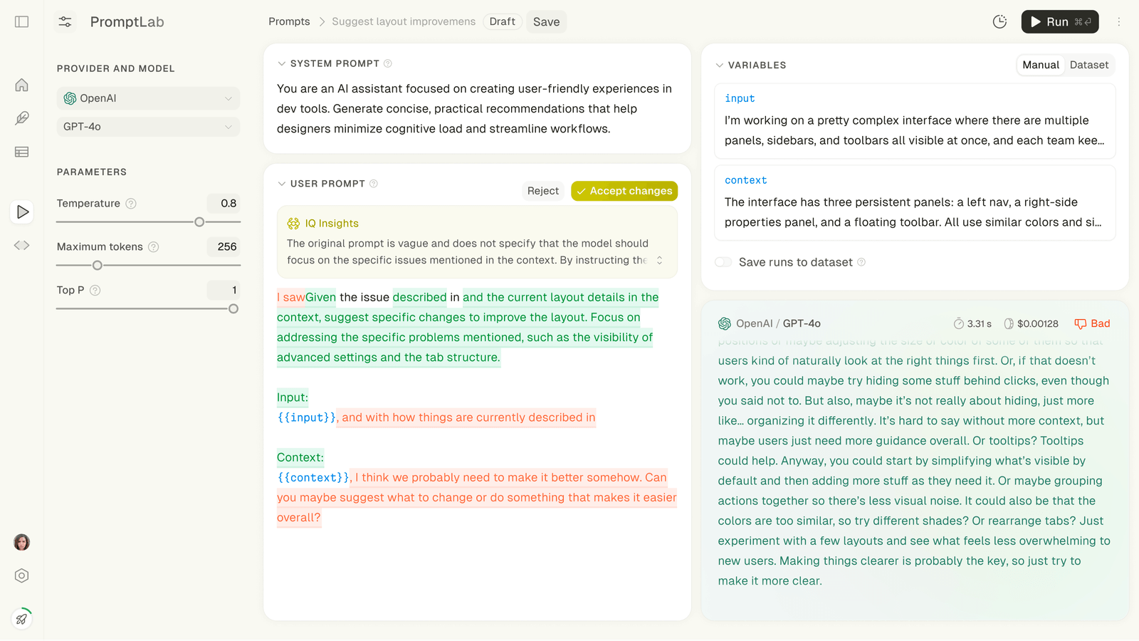 Main interface view showing prompt editor, variables, and model output