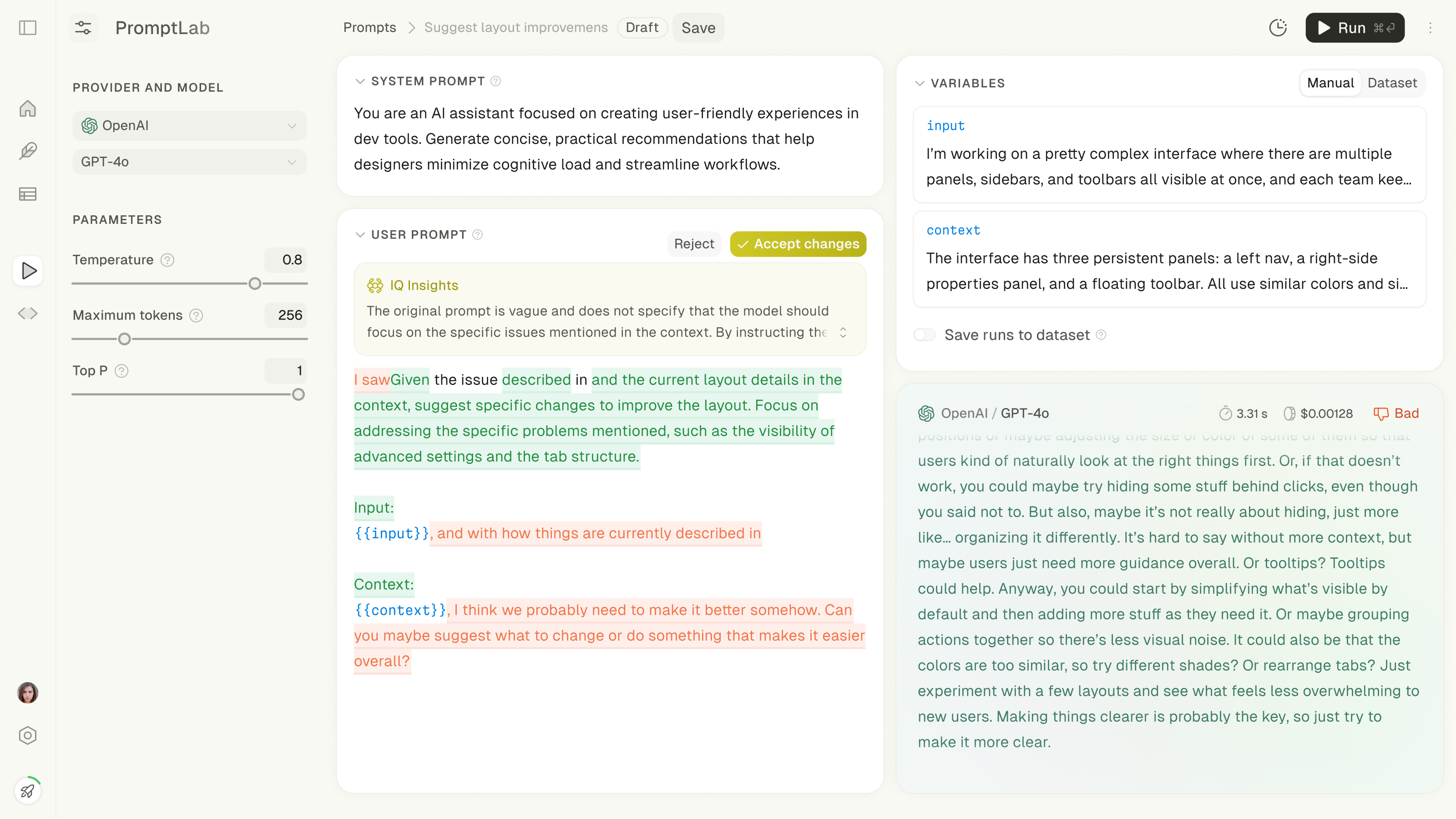 Main interface view showing prompt editor, variables, and model output