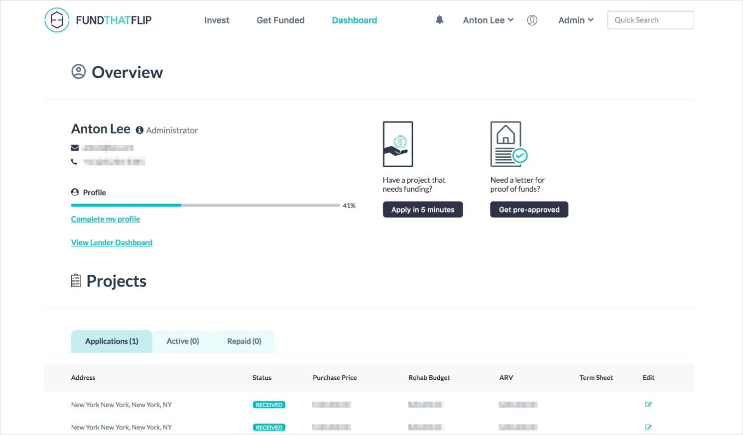 Borrower dashboard