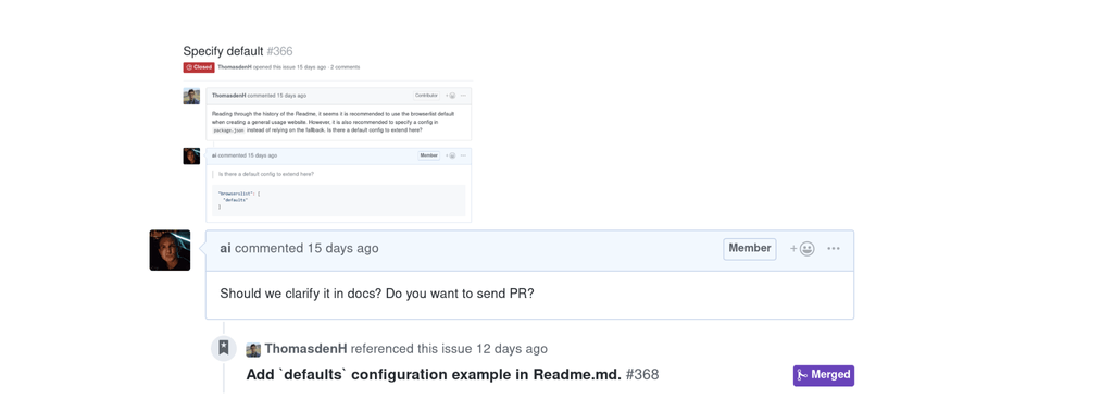 GitHub commentary from Andrey Sitnik requesting that a user updated the documentation.