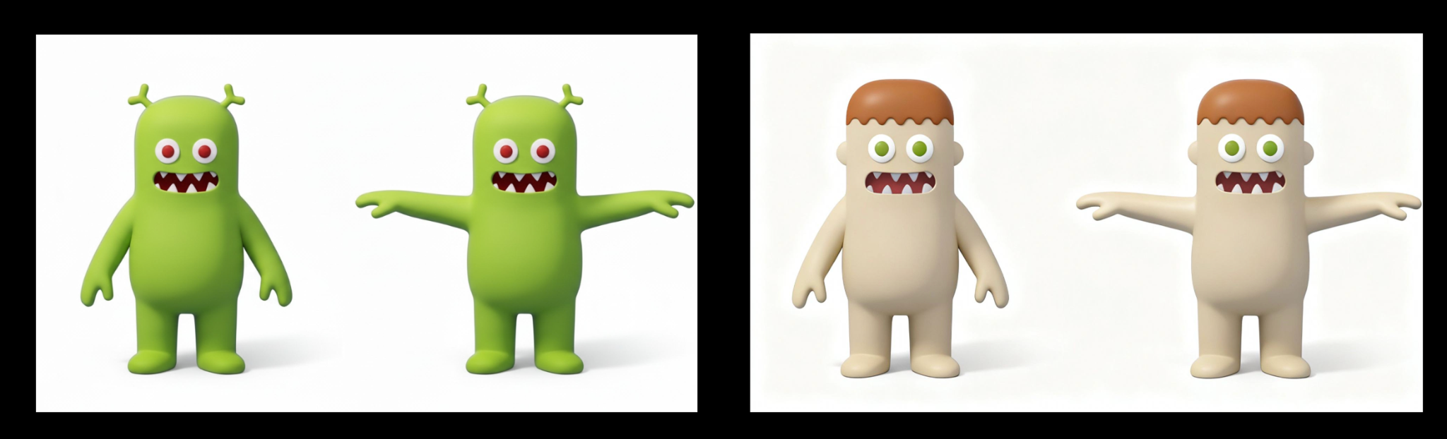 Clean 3D renders of the finished models: a green alien mascot and a human character shown in neutral poses on white backgrounds.