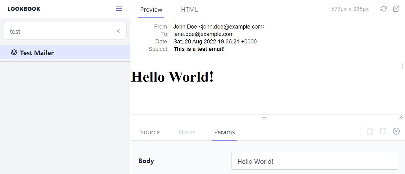 A preview of the mailer shows an email that says 'Hello World!'