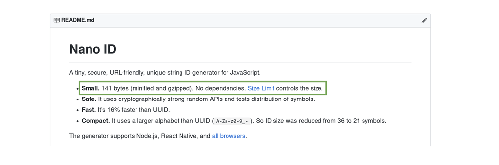 On the Nano ID README, one line is highlighted with a green box, an example of clear stats to back up the claim that the library is small. In this case, 141 bytes.