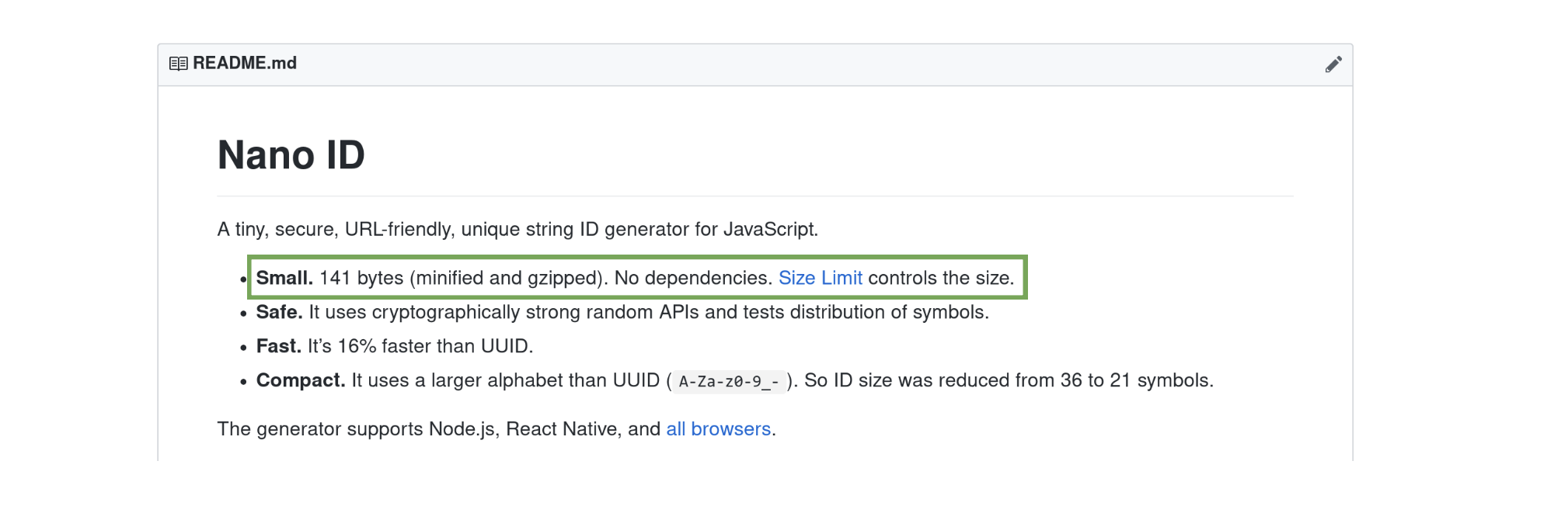 On the Nano ID README, one line is highlighted with a green box, an example of clear stats to back up the claim that the library is small. In this case, 141 bytes.