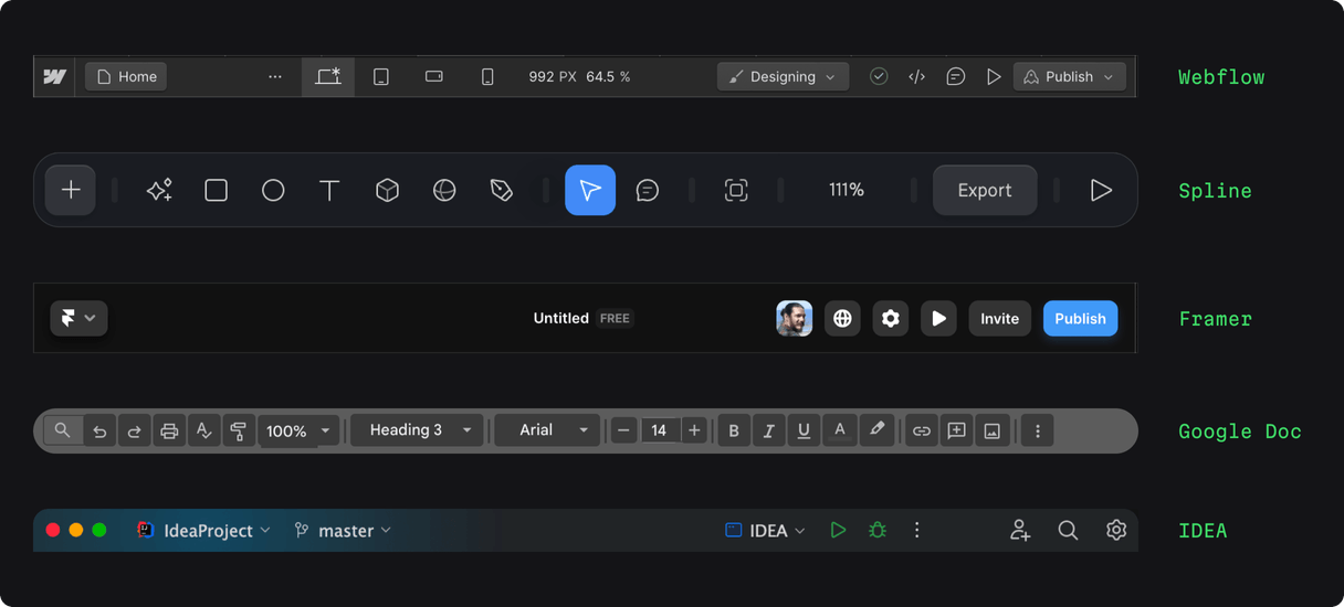 Tool bar examples from Webflow, Spline, Frame, Google Docs, and IDEA