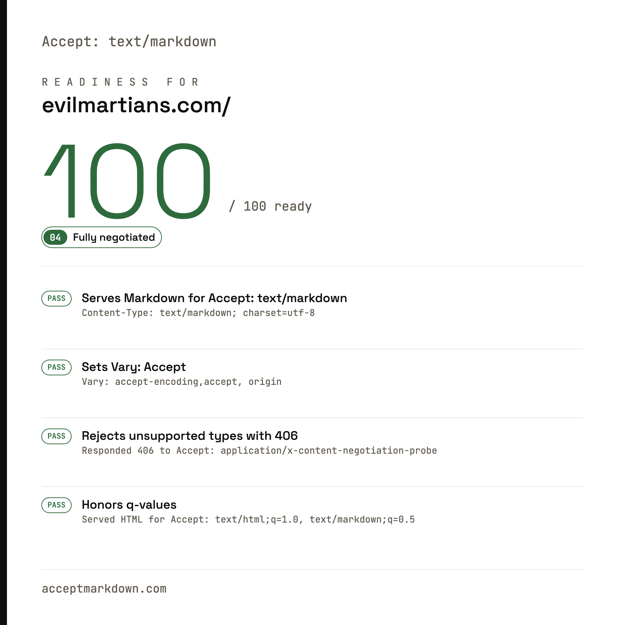 Screenshot of acceptmarkdown.com results for evilmartians.com showing green checks for Accept negotiation, Vary header, 406 response, and q-value handling