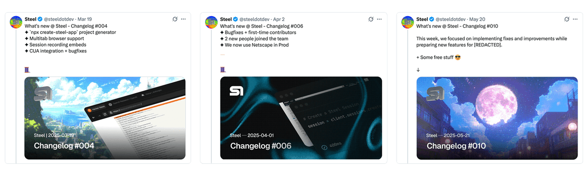 3 examples of Steel changelogs over time