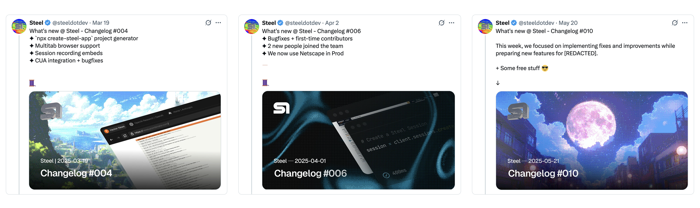 3 examples of Steel changelogs over time