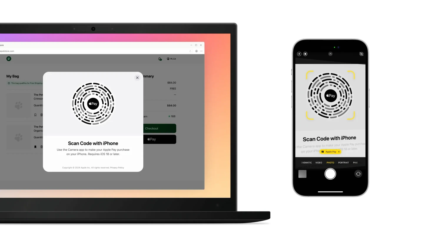 Apple Pay QR code flow on iOS 18 showing payment completion via iPhone camera scan