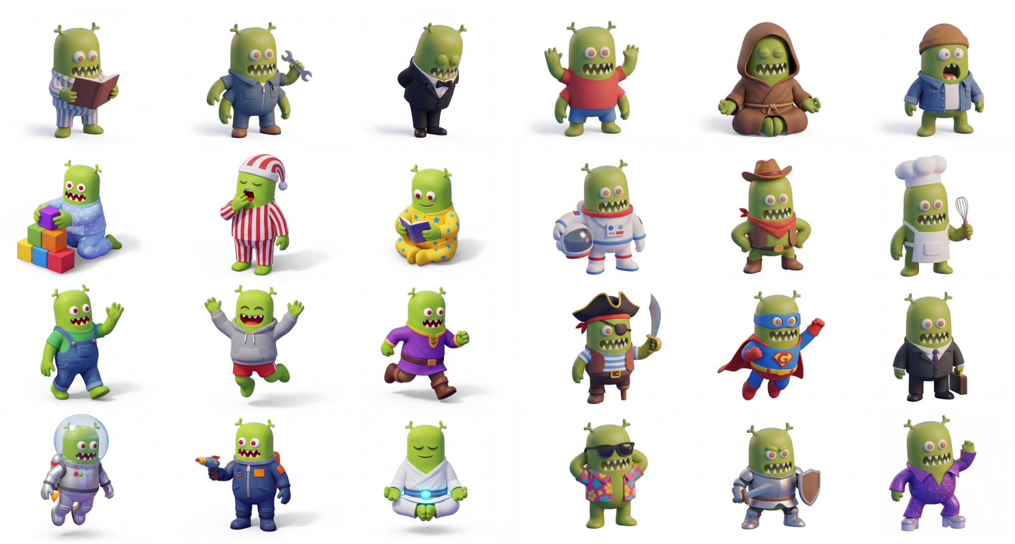 A grid of two dozen 3D Evil Martians mascots dressed for different scenarios — a chef, a pirate, a superhero, an astronaut, a businessman, and more.
