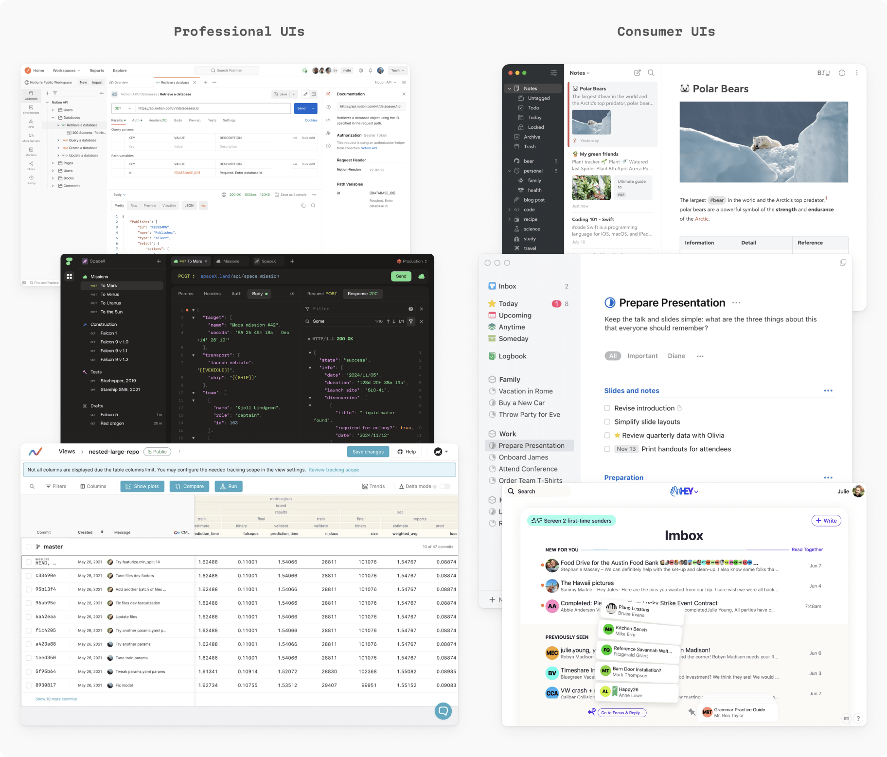 A few examples of UIs made for professionals and for consumers