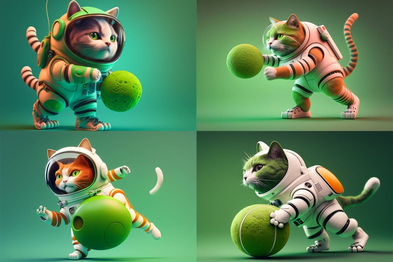 Four sketches of shabby cat in a spacesuit playing with a ball generated by AI and looking too realistic