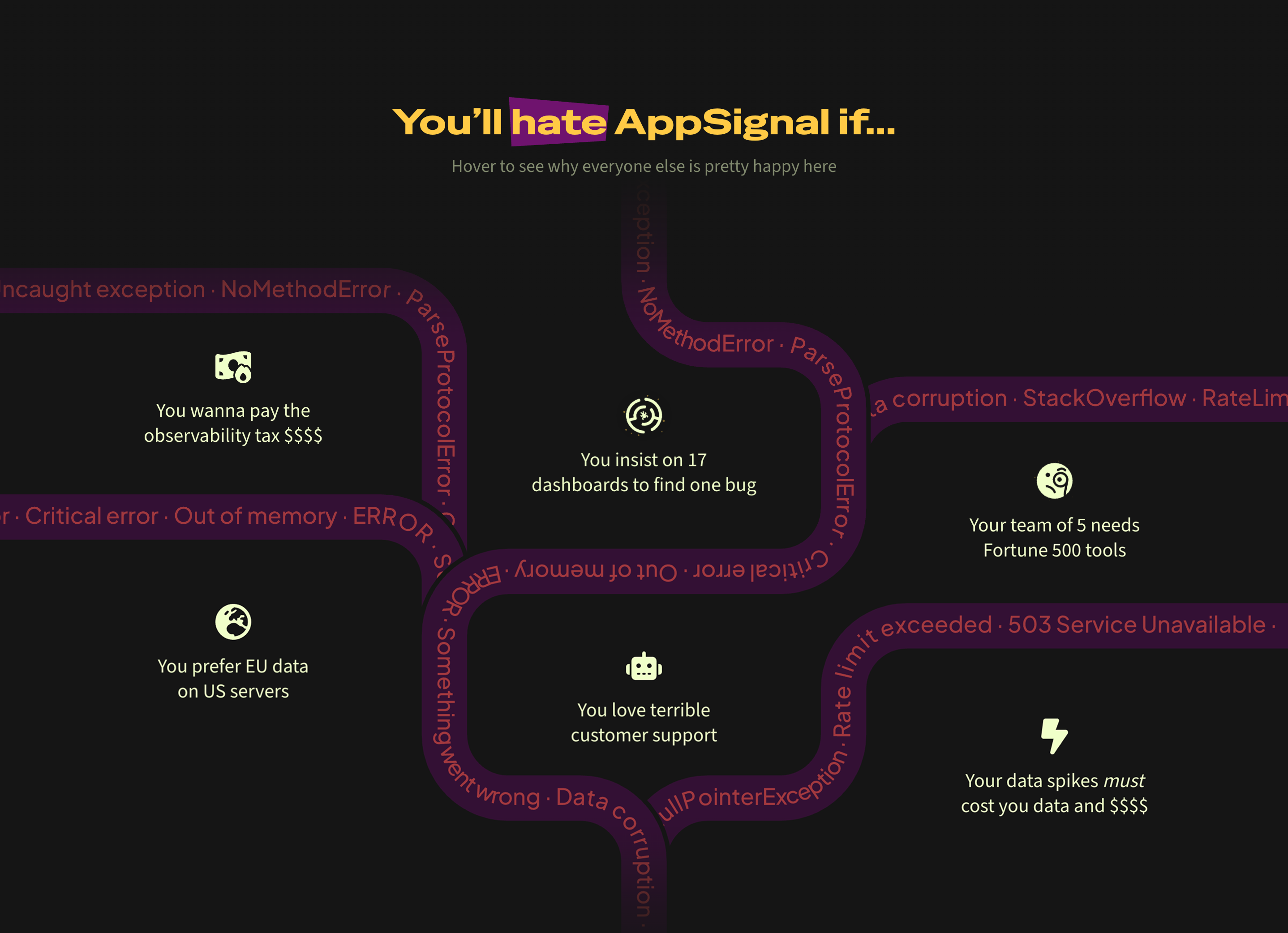 An AppSignal anti-sell section that tells visitors when the product is not the right fit