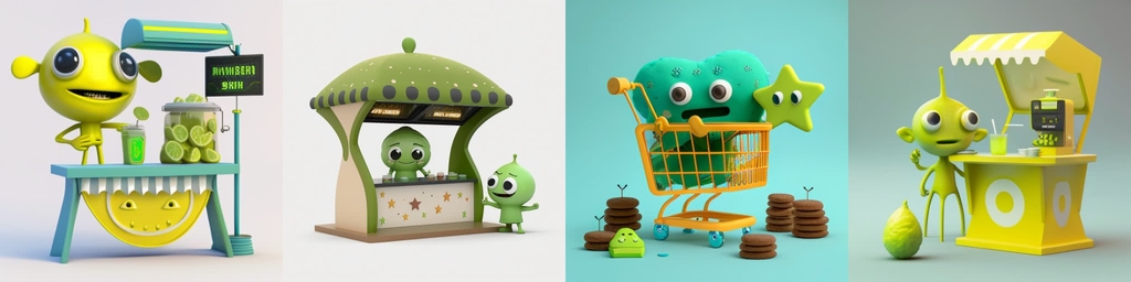 Four Midjourney iterations of Martians selling something at a kiosk.