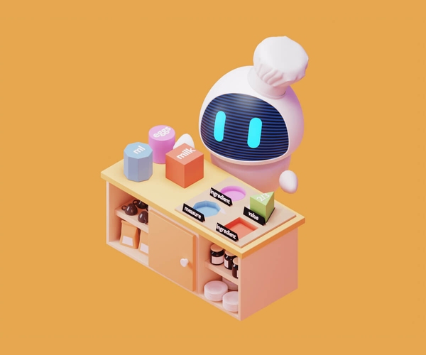 An illustration of a robot in 3D style on a solid orange background