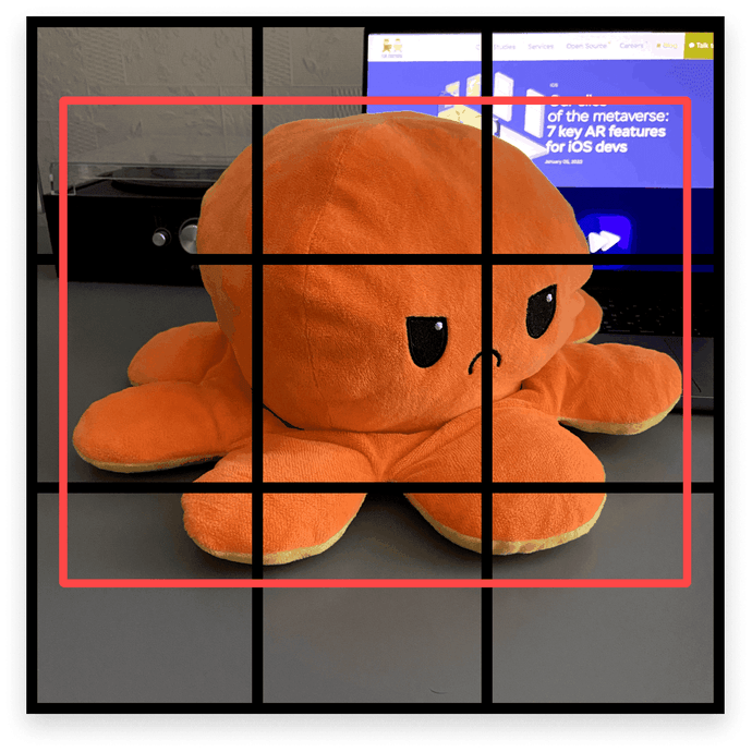 An octopush plush in a 3 by 3 grid
