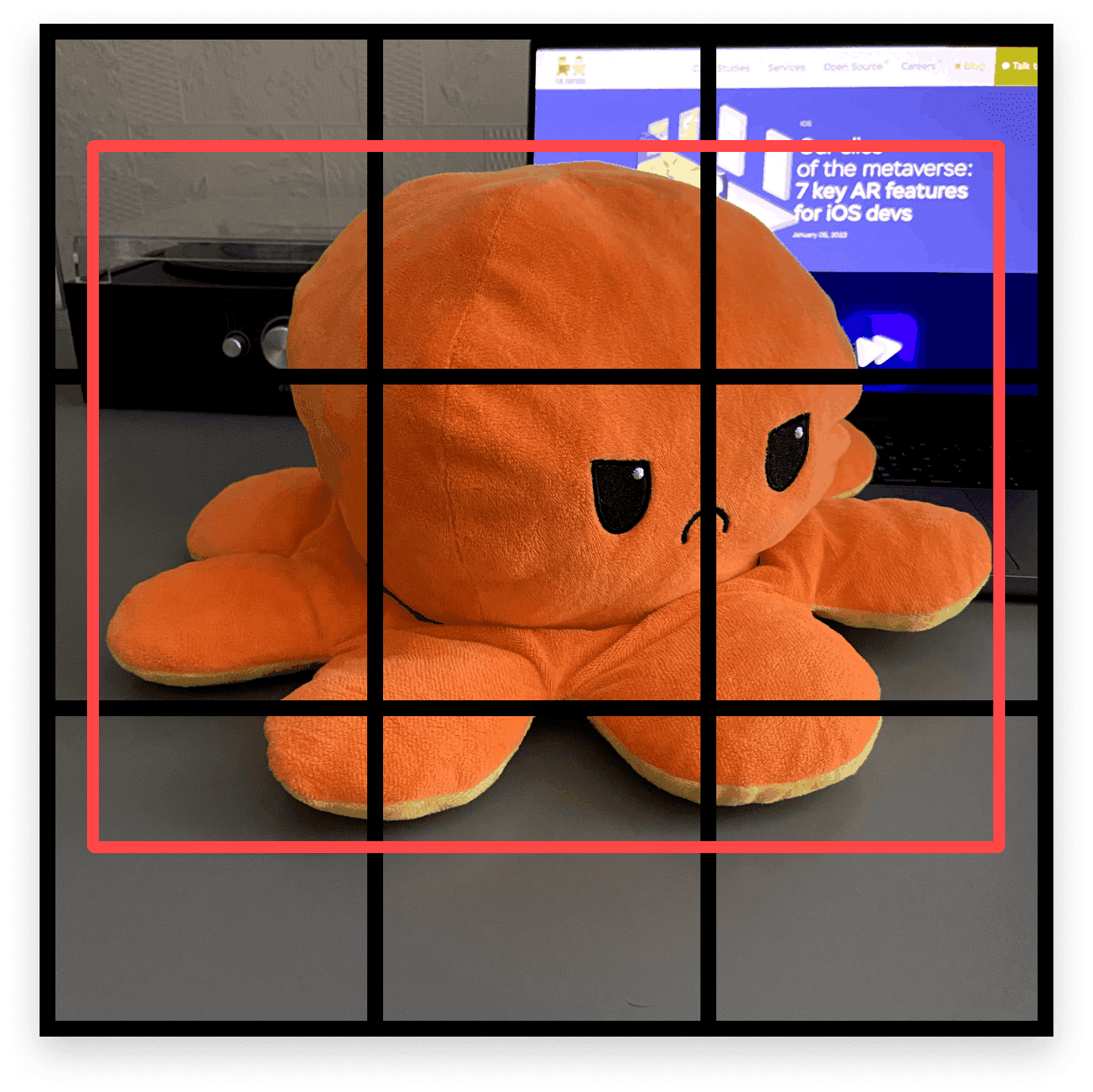 An octopush plush in a 3 by 3 grid