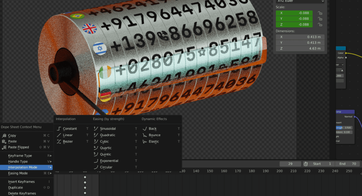 Working on the animation in Blender 3D with the finished cylinder object rendered front and center