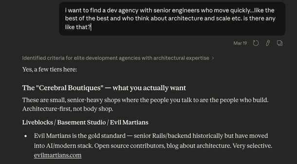 Screenshot of Claude conversation recommending Evil Martians as the gold standard for senior engineering agencies