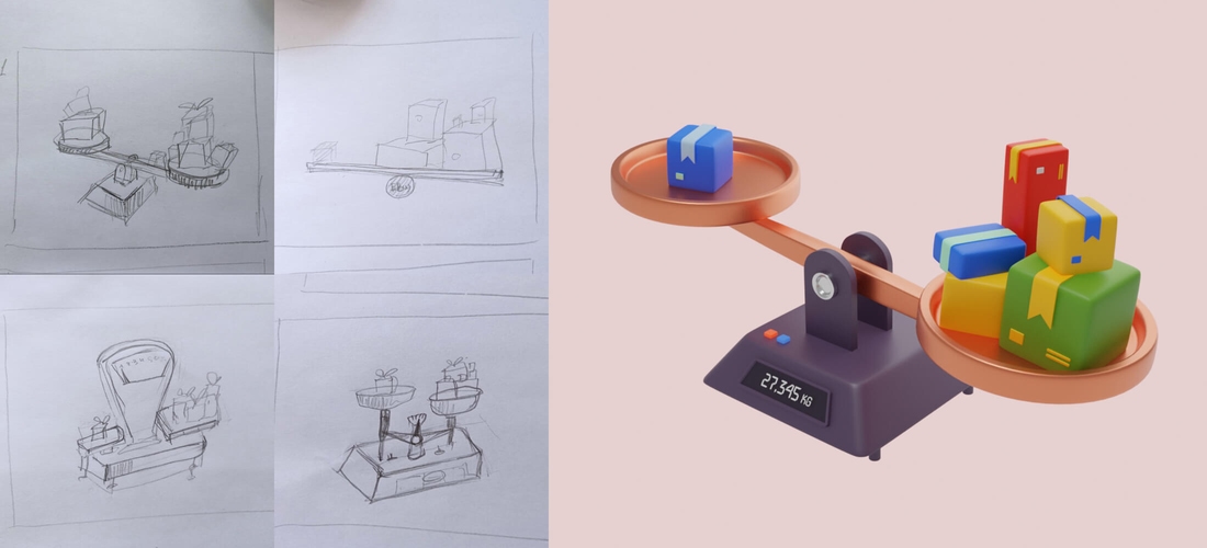 Some sketches of balance scales in different forms and one final render